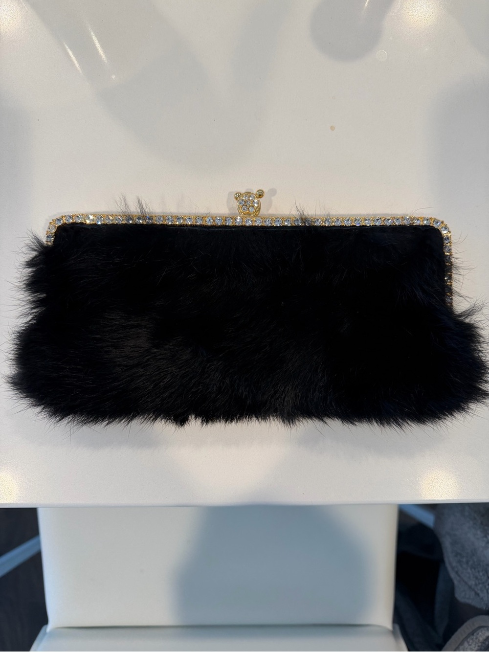 La Regale Black Faux Fur Evening Clutch with Rhinestone Frame